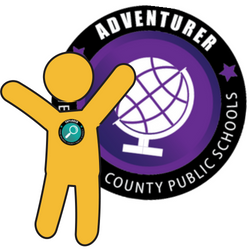 Yellow icon of a person standing next to an Adventurer Micro-Credential Badge 